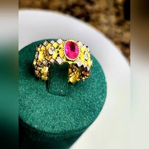 925 Sterling Silver. Ruby Wide Lace Ring. Hupoallergenic. Gold color. Size 6.0